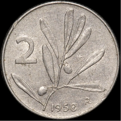 Italy 1958 Aluminium 2 Lire KM# 94 Extremely Fine
