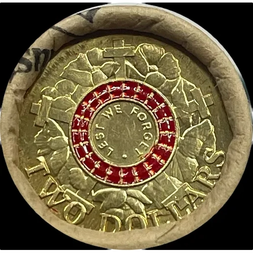 2015 Coloured 2 Dollar Coin Mint Roll Lest We Forget Heads / Tails