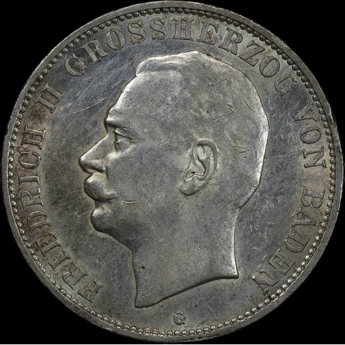 German States (Baden) 1913 Silver 5 Marks KM#281 about Unc