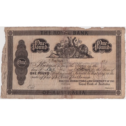Royal Bank of Australia (Sydney) ca 1842 1 Pound Unissued Note Form MVR# 1 Very Good