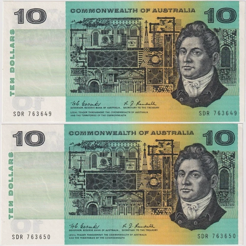 1967 $10 Note Consecutive Pair Coombs/Randall SDR 1st Prefix R302F good EF
