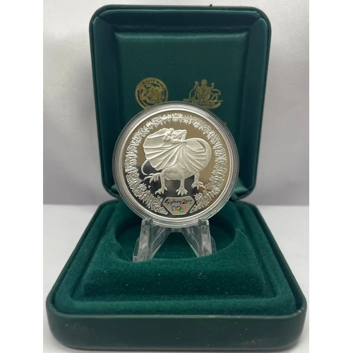 2000 Silver 1 Ounce Olympic Proof Coin Frill-Necked Lizard and Sturt's Desert Pea
