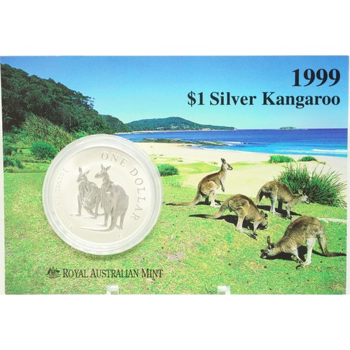 1999 One Dollar Silver Kangaroo Unc Coin Two Kangaroos