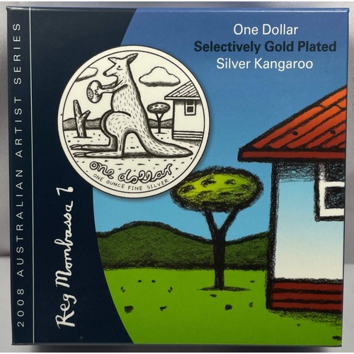 2008 One Dollar Silver Kangaroo Selectively Gold Plated Reg Mombassa