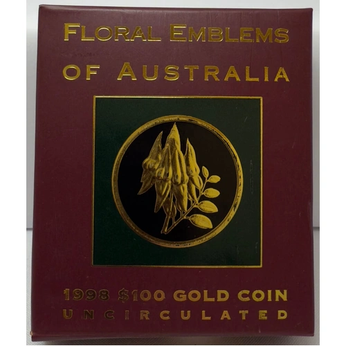 1998 Gold 100 Dollar Gold Unc Coin Floral Emblems Sturt Desert Pea