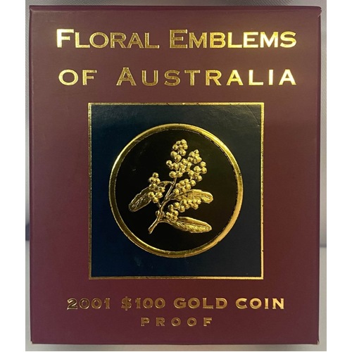 2001 Gold 100 Dollar Proof Coin - Floral Emblems Golden Wattle