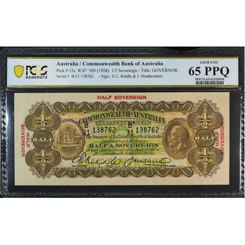 1928 Ten Shilling Riddle/Heathershaw R7 PCGS Gem Unc 65 PPQ