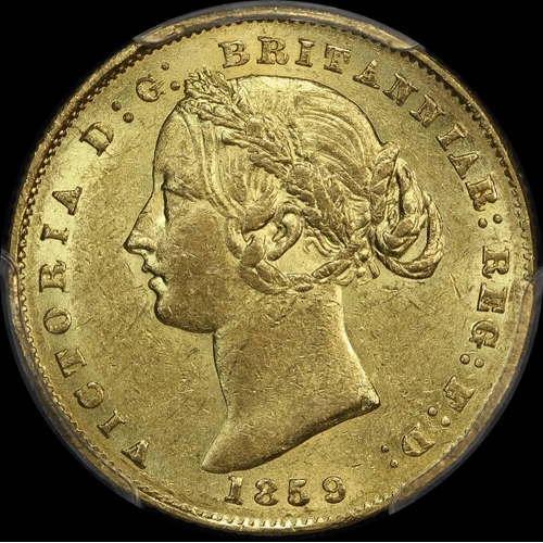 1859 Sydney Mint Type II Sovereign about Unc (PCGS AU58)