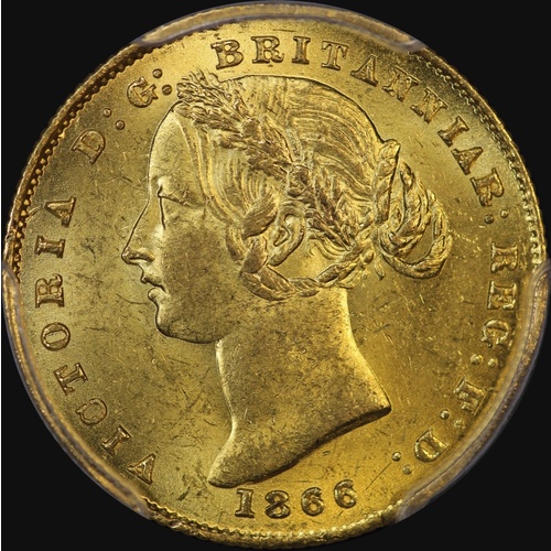 1866 Sydney Mint Type II Sovereign Choice Unc (PCGS MS63)