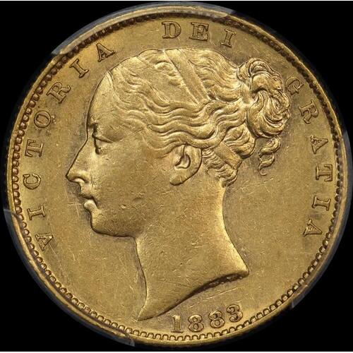 1883 Melbourne Shield Sovereign about Unc (PCGS AU58)