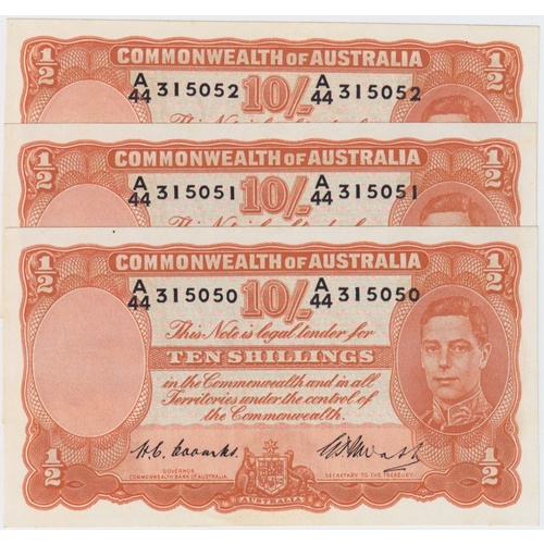 1949 Ten Shilling Consecutive Trio Coombs/Watt R14 Uncirculated