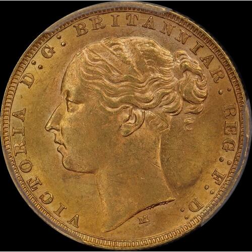 1881 Melbourne Young Head Sovereign Long Tail Small BP Unc (PCGS MS62)