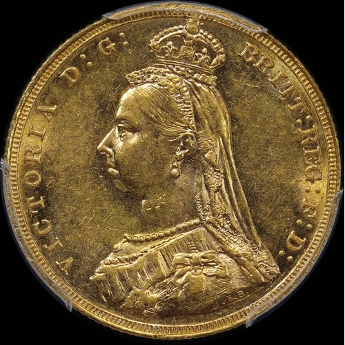 1887 Melbourne Jubilee Head Sovereign DISH M7 1st Obv Angled J PCGS AU58