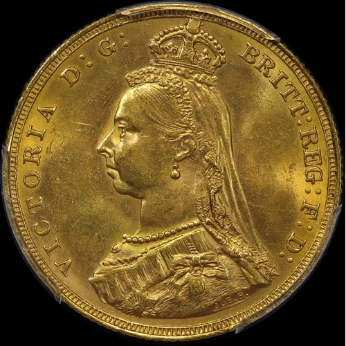 1887 Melbourne Jubilee Head Sovereign Dish M7 Unc (PCGS MS62)