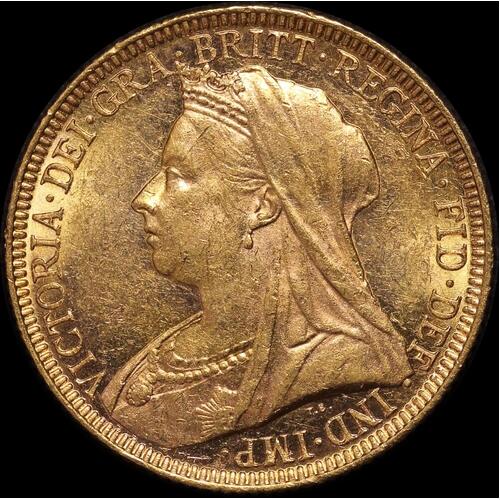 1893 Melbourne Veiled Head Sovereign about Unc