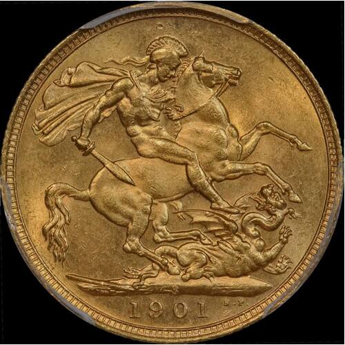 1901 Melbourne Veiled Head Sovereign PCGS AU58