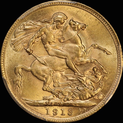 1913 Melbourne George V Large Head Sovereign Choice Unc (PCGS MS63)