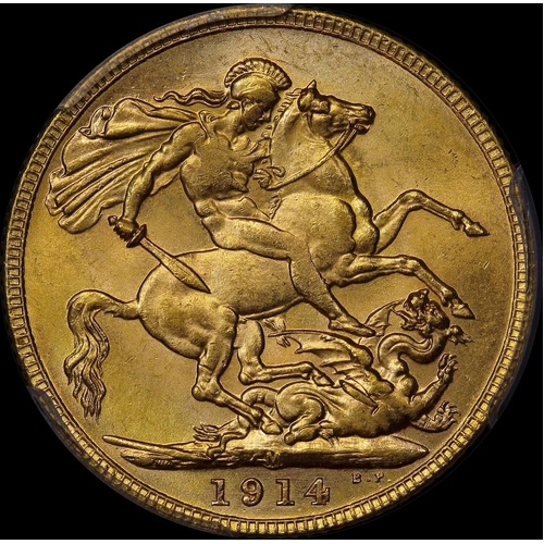 1914 Melbourne George V Large Head Sovereign Choice Unc (PCGS MS63)