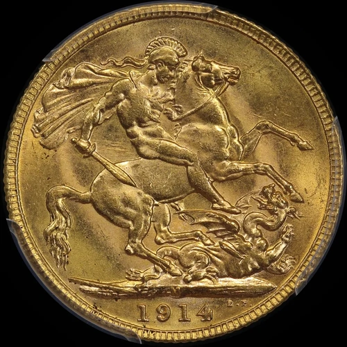 1914 Melbourne George V Large Head Sovereign Choice Unc (PCGS MS63)