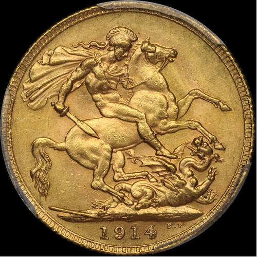 1914 Perth George V Large Head Sovereign Unc (PCGS MS62)