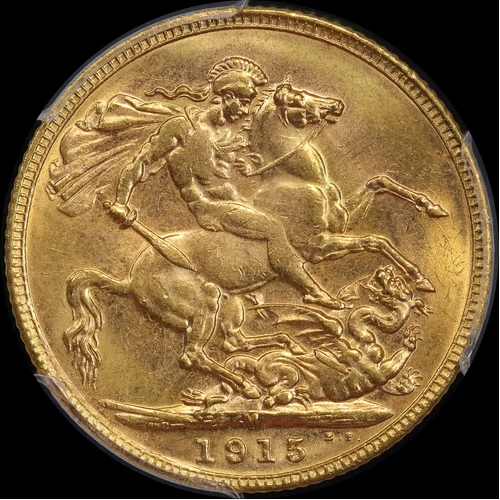 1915 Melbourne George V Large Head Sovereign Choice Unc (PCGS MS63)