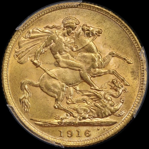 1916 Melbourne George V Large Head Sovereign Choice Unc (PCGS MS63)