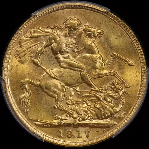 1917 Melbourne George V Large Head Sovereign Choice Unc (PCGS MS63)