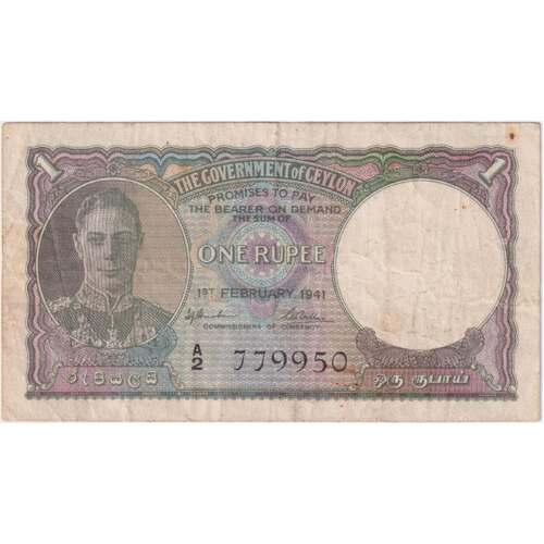 Ceylon 1941 1 Rupee Pick# 30a good VF