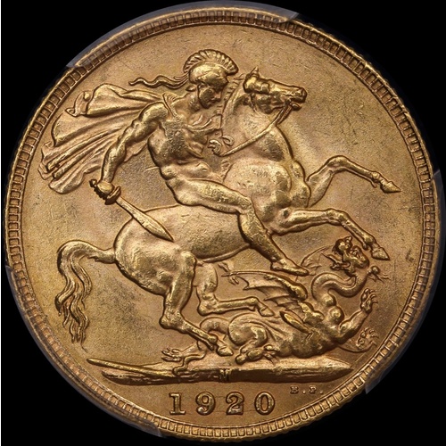 1920 Melbourne George V Large Head Sovereign Choice Unc (PCGS MS63)