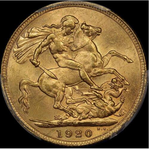 1920 Melbourne George V Large Head Sovereign Unc (PCGS MS62)