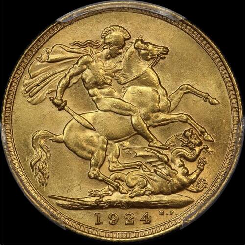 1924 Sydney George V Large Head Sovereign Unc (PCGS MS62)