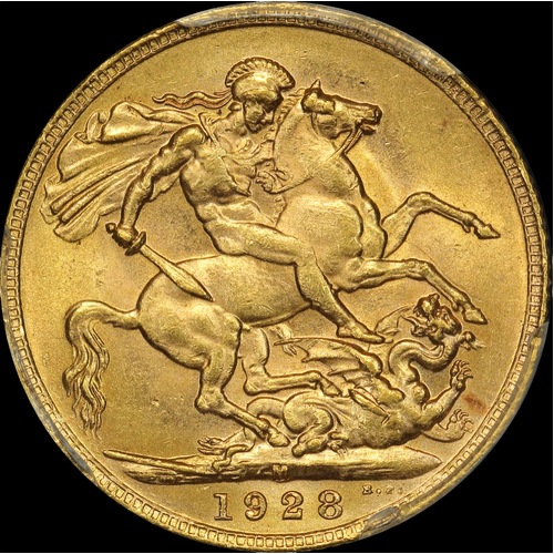 1928 Melbourne George V Large Head Sovereign Unc (PCGS MS62)
