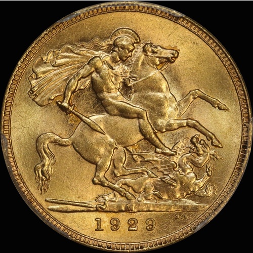 1929 Melbourne George V Small Head Sovereign about Unc (PCGS AU58)