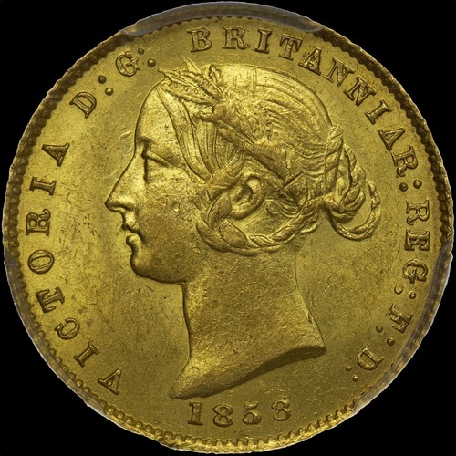 1858 Sydney Mint Type II Half Sovereign Unc (PCGS MS62+)