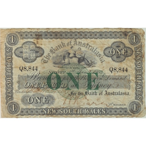 Bank of Australasia (Sydney) 1903 1 Pound Issued Note MVR#2b Fine Serials: Q8,844