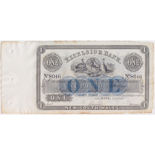Excelsior Bank (Sydney) ca 1884 One Pound Unissued Remainder MVR# 1 GEF