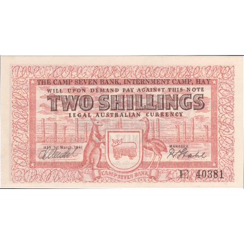 1941 Hay Internment Two Shillings Banknote Mendel / Stahl Uncirculated