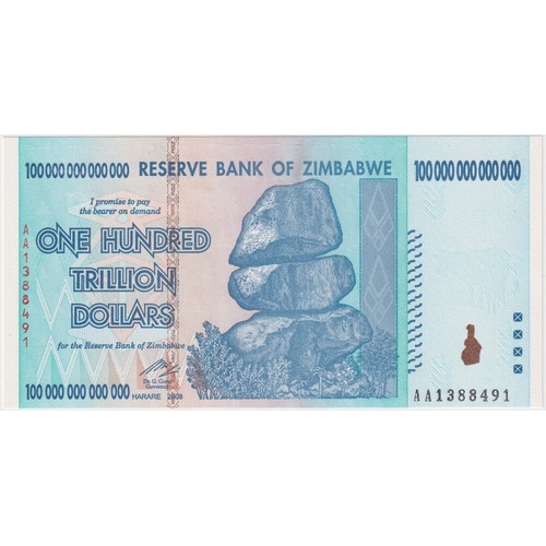 Zimbabwe 2008 100 Trillion Dollars Pick#91 Uncirculated