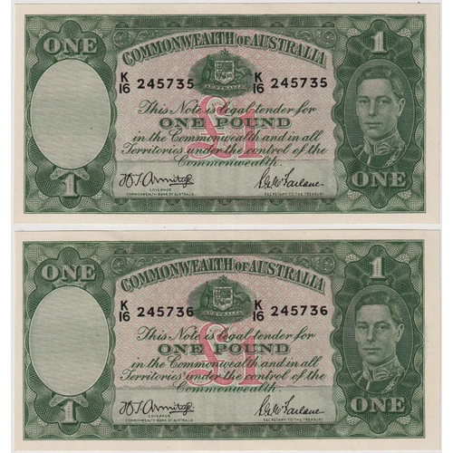 1942 One Pound Consecutive Pair Armitage/McFarlane R30A good EF
