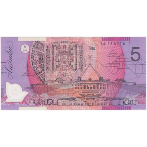 1995 $5 Note AA95 Recoloured First Prefix Fraser/Evans R217AA Uncirculated
