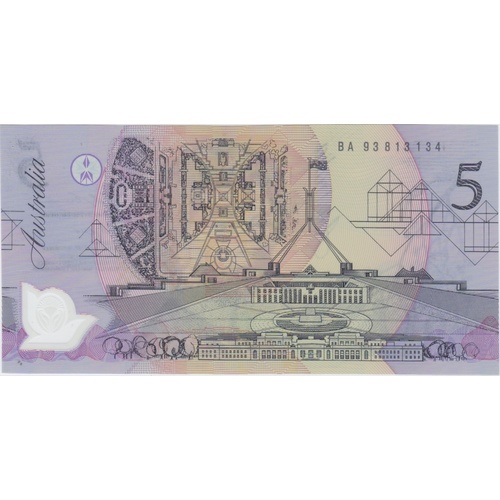 1993 $5 Note BA93 First prefix Dark Green Serials Fraser/Evans R216F Uncirculated