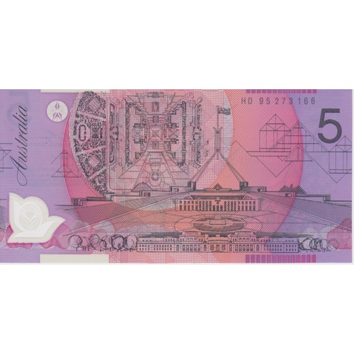 1995 $5 Note Narrow Orientation Bands Fraser/Evans R217ai Uncirculated