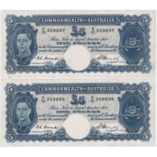 1949 Five Pound Consecutive Pair Coombs/Watt R47 Extremely Fine