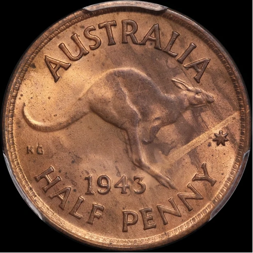 1943-I Halfpenny Choice Unc (PCGS MS64RB)