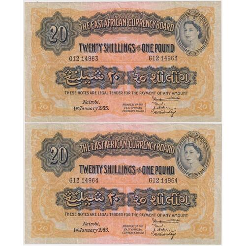 East Africa 1955 Consecutive Pair 20 Shillings Pick#35c PCGS VF35