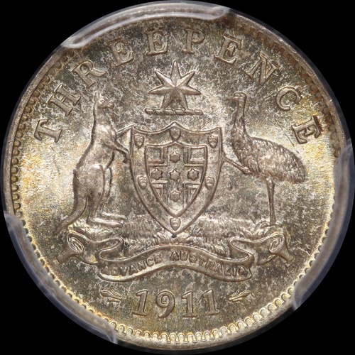 1911 Threepence Gem Unc (PCGS MS66)