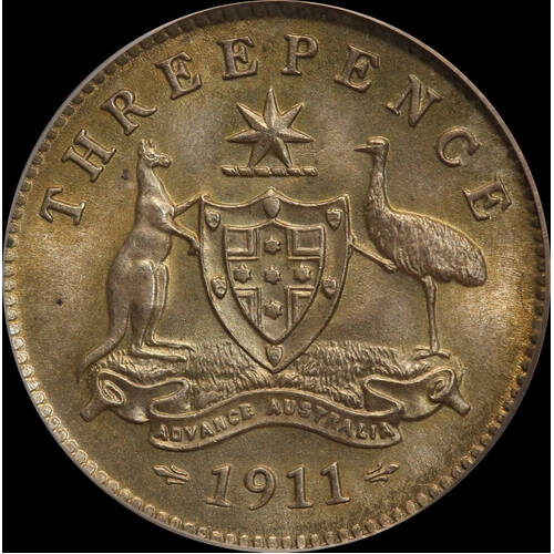 1911 Threepence Gem Unc (PCGS MS65)
