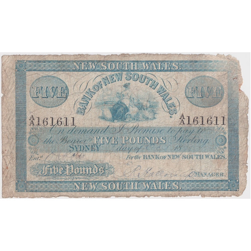 Bank of New South Wales 1876 Issued 5 Pound Note about Fine