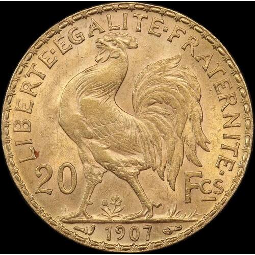 France 1907 Gold 20 Francs Rooster KM#857 Uncirculated