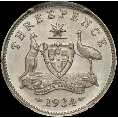 1934 Threepence Choice Unc (PCGS MS64)